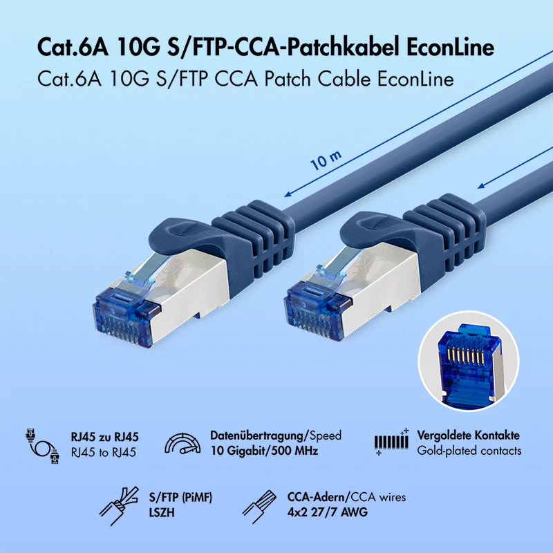 LogiLink EconLine Cat.6A S/FTP laidų kabelis, CCA, LSZH, mėlynas, 10 m