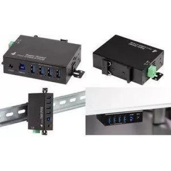 LogiLink UA0443 USB 3.0 pramoninis 4 prievadų metalinis šakotuvas su DIN bėgio laikikliu