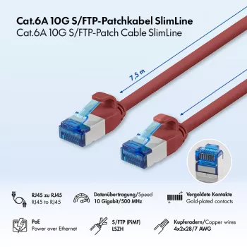 LogiLink Cat.6A Slim S/FTP LSZH Patch laidas, raudonas, 7,5 m