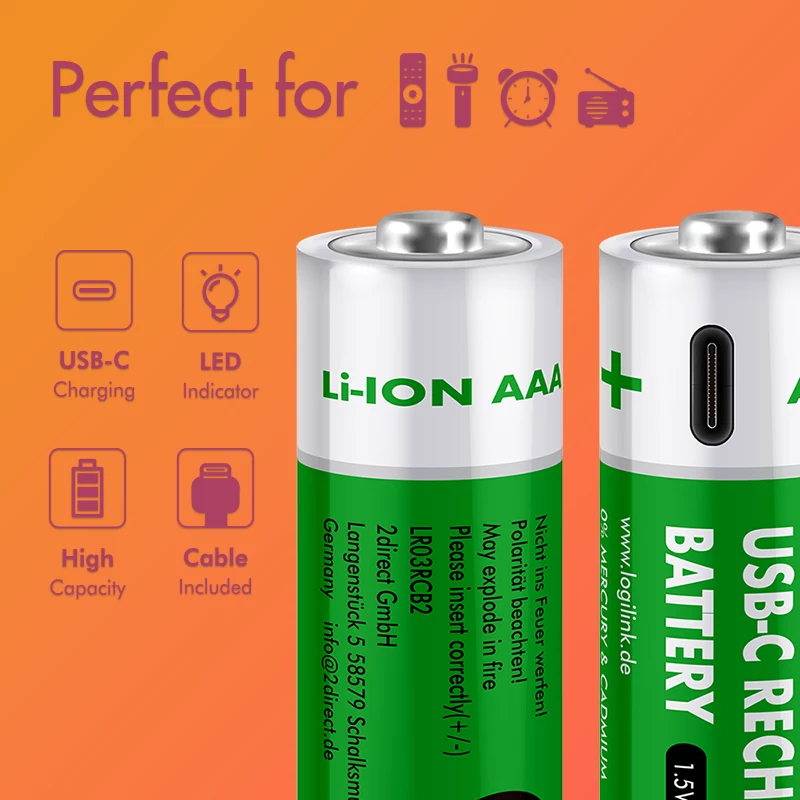 LogiLink LR03RCB2 įkraunamos AAA ličio jonų baterijos su USB-C, 1,5 V, 750 mWh, 2 vnt.