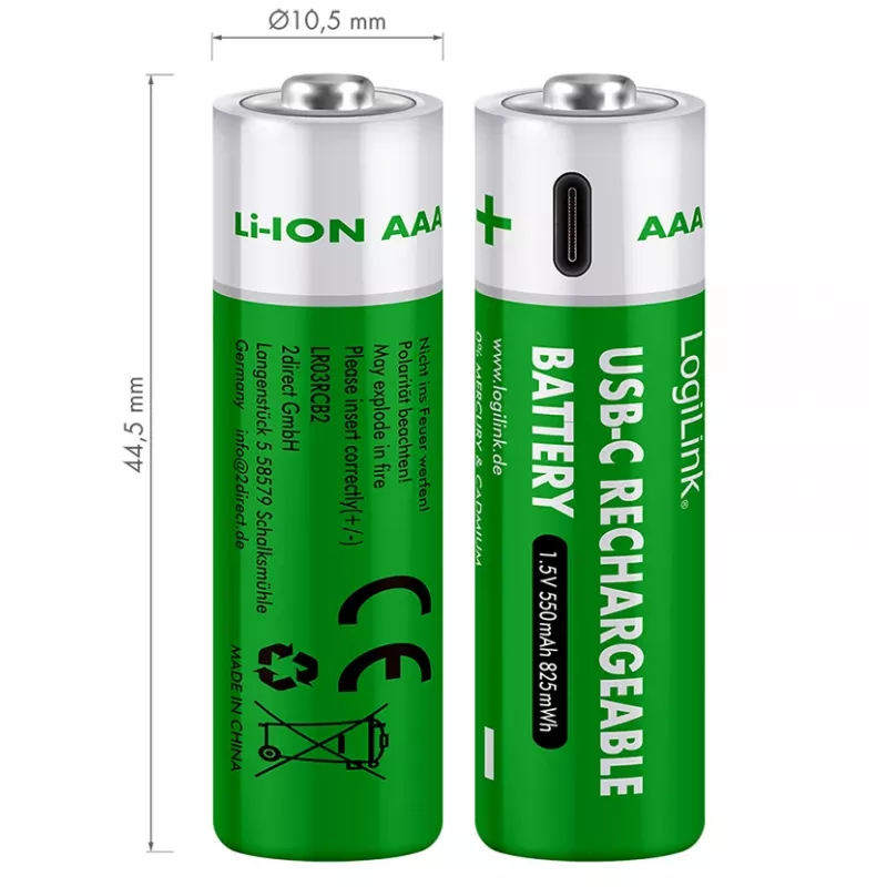 LogiLink LR03RCB2 įkraunamos AAA ličio jonų baterijos su USB-C, 1,5 V, 750 mWh, 2 vnt.