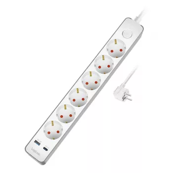 LogiLink ilgintuvas su 6 apsauginiais lizdais, USB-A ir USB-C PD 20W, mygtuku, 1,5m, baltas