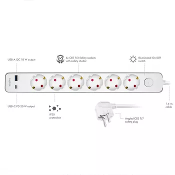 LogiLink ilgintuvas su 6 apsauginiais lizdais, USB-A ir USB-C PD 20W, mygtuku, 1,5m, baltas