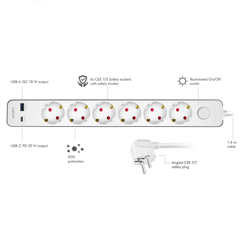 LogiLink ilgintuvas su 6 apsauginiais lizdais, USB-A ir USB-C PD 20W, mygtuku, 1,5m, baltas