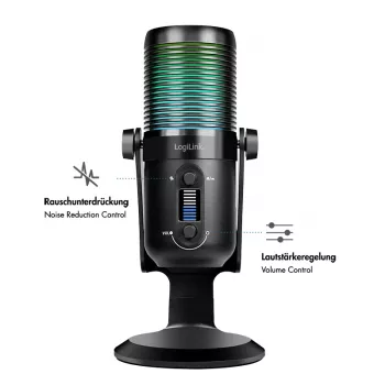 LogiLink USB kondensatorinis mikrofonas su RGB apšvietimu, kardioidinis/omnidirekcinis, 20 Hz – 20 kHz, juodas (HS0059)