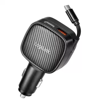 LogiLink USB automobilinis įkroviklis, 3 prievadai su įtraukiamu USB-C laidu, 60W, PD, QC, juodas