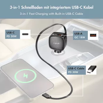 LogiLink USB automobilinis įkroviklis, 3 prievadai su įtraukiamu USB-C laidu, 60W, PD, QC, juodas
