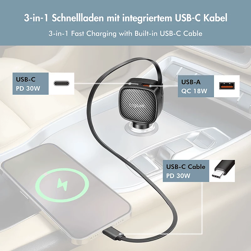 LogiLink USB automobilinis įkroviklis, 3 prievadai su įtraukiamu USB-C laidu, 60W, PD, QC, juodas