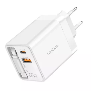 LogiLink USB-A/C įkroviklis 65 W GaN 3 prievadų baltas su USB-C laidu
