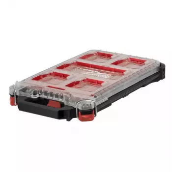 Milwaukee PACKOUT Slim Organizer Medium 8277387 - IP65 atsparus vandeniui ir dulkėms, 10 išimamų dėtuvių, skaidrus polikarbonato dangtis, metaliniai sustiprinti užraktai, raudonas/juodas