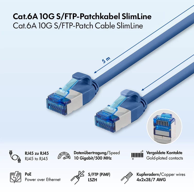 LogiLink Cat.6A plonas S/FTP LSZH pataisos kabelis, mėlynas, 5 m, SlimLine