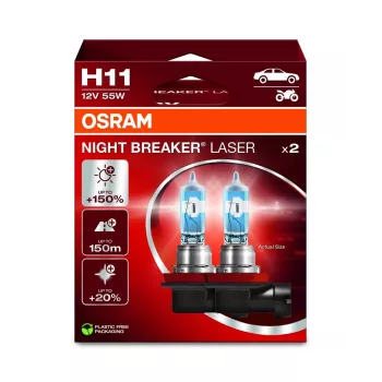 OSRAM NIGHT BREAKER LASER H11 halogeninė lemputė, dviejų vnt. rinkinys, 12V 55W PGJ19-2, iki 150% ryškesnė, 150m ilgesnis spindulys, 3900K