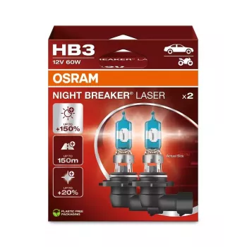OSRAM Night Breaker Laser HB3 12V 60W P20d halogeninė lemputė, dviejų vnt. pakuotė, iki 150% ryškesnė, 150m ilgesnis šviesos spindulys, 20% baltesnė šviesa