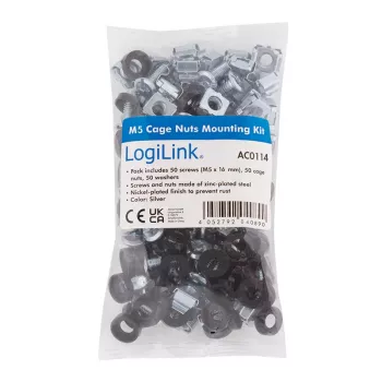 LogiLink 19 inch Rack tvirtinimo rinkinys M5, 50 vnt. komplektas su varžtais, veržlėmis ir poveržlėmis, cinkuotas plienas
