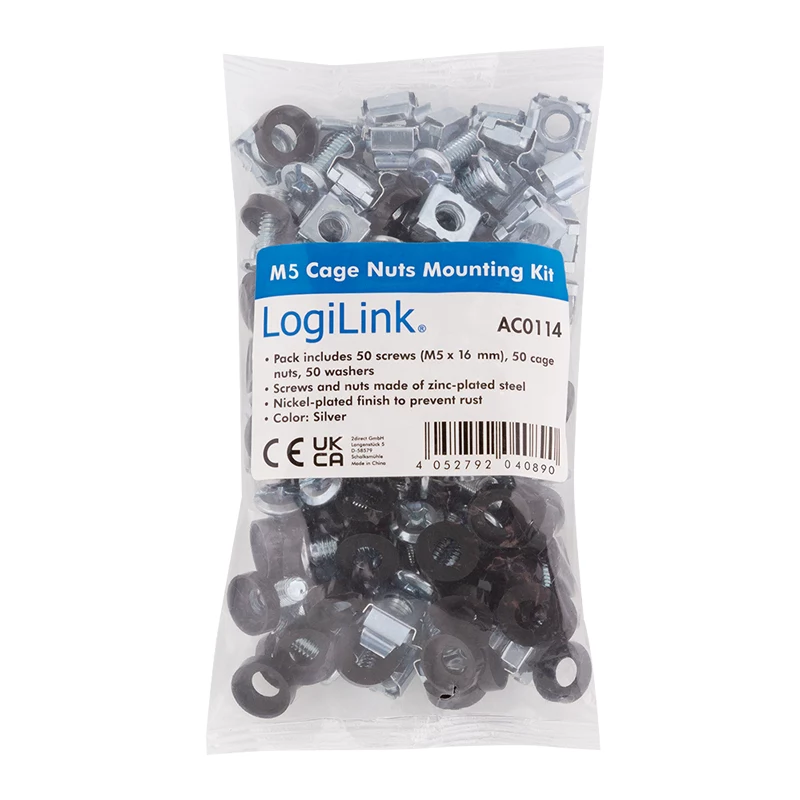 LogiLink 19 inch Rack tvirtinimo rinkinys M5, 50 vnt. komplektas su varžtais, veržlėmis ir poveržlėmis, cinkuotas plienas