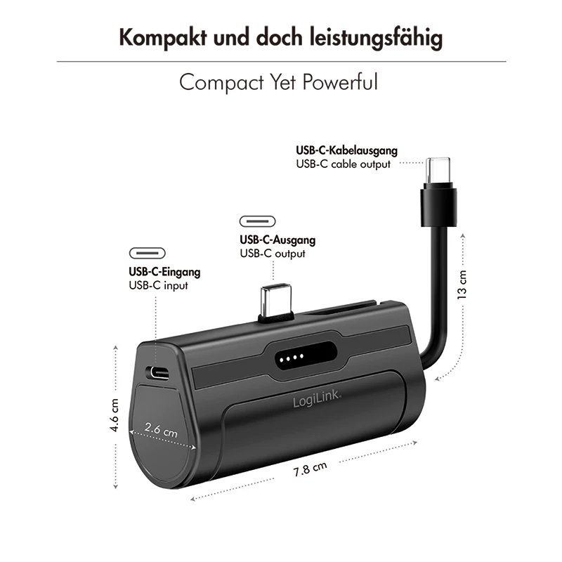 LogiLink Mobile Power Bank, LiPo, 4500 mAh, įmontuotu USB-C kištuku, juodos spalvos