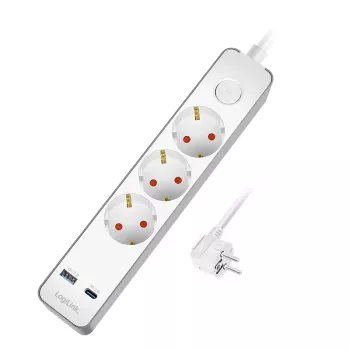LogiLink LPS287U 3 lizdų ilgintuvas su USB-A ir USB-C PD 20W, mygtuku, 1,5m laidu, baltas