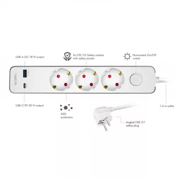 LogiLink LPS287U 3 lizdų ilgintuvas su USB-A ir USB-C PD 20W, mygtuku, 1,5m laidu, baltas