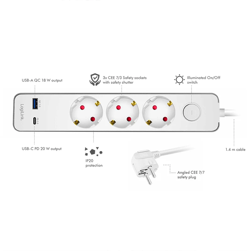 LogiLink LPS287U 3 lizdų ilgintuvas su USB-A ir USB-C PD 20W, mygtuku, 1,5m laidu, baltas