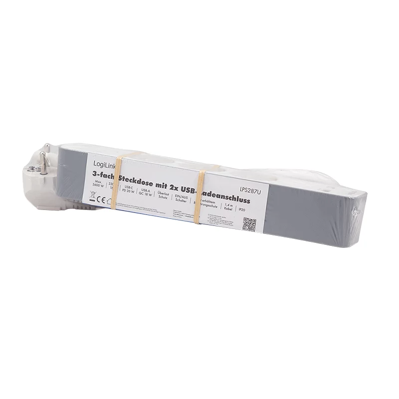 LogiLink LPS287U 3 lizdų ilgintuvas su USB-A ir USB-C PD 20W, mygtuku, 1,5m laidu, baltas