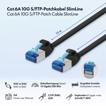 LogiLink Cat.6A Slim S/FTP LSZH Patch Cable, juoda, 15 m, SlimLine