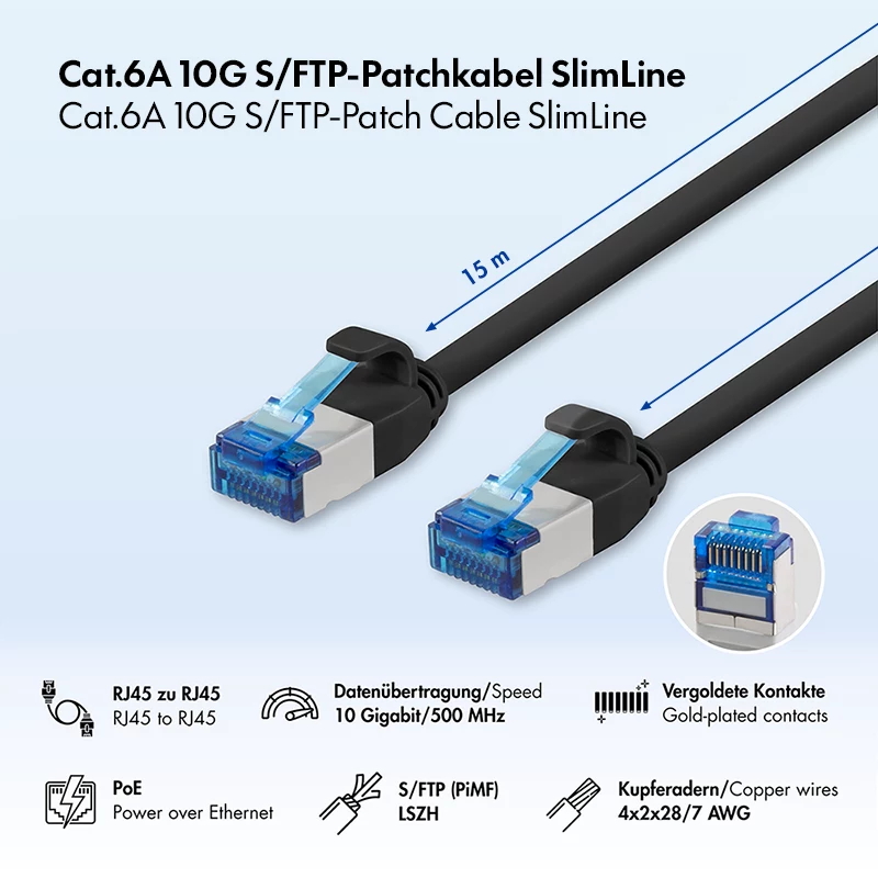 LogiLink Cat.6A Slim S/FTP LSZH Patch Cable, juoda, 15 m, SlimLine