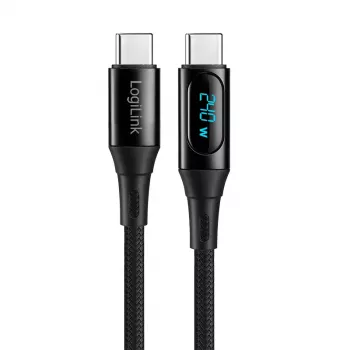 LogiLink USB 2.0 Type-C laidas su galios ekranu, C/M į C/M, 480 Mbps, 240W PD 3.1, nailono pynė, juoda, 1 m