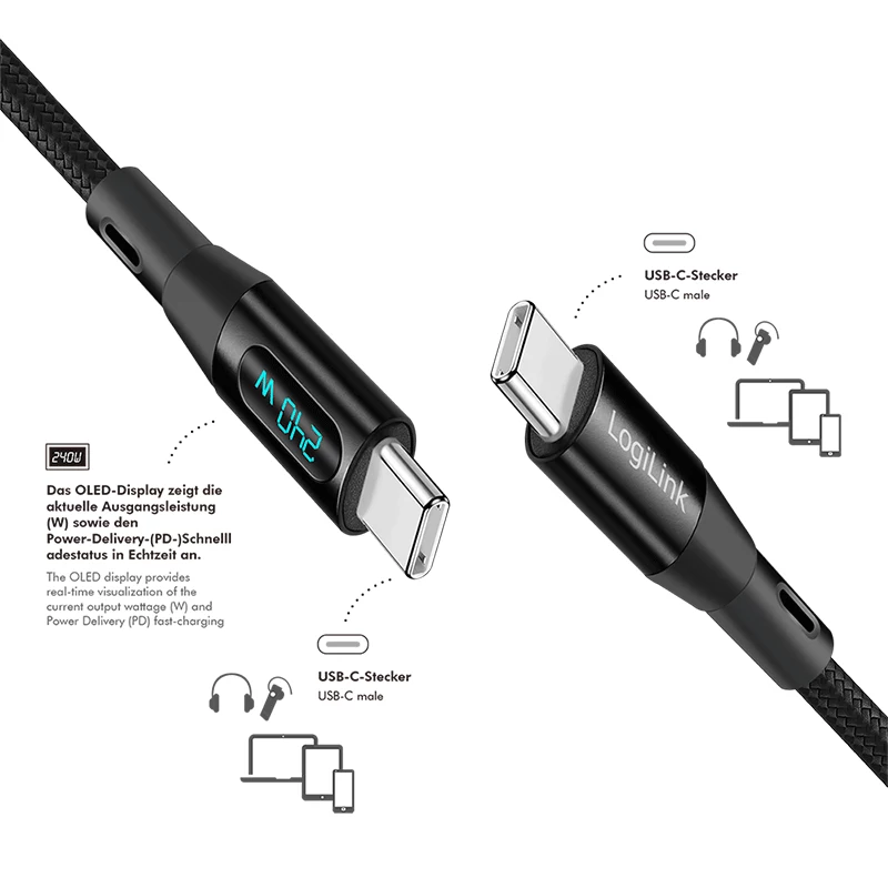 LogiLink USB 2.0 Type-C laidas su galios ekranu, C/M į C/M, 480 Mbps, 240W PD 3.1, nailono pynė, juoda, 1 m