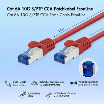 LogiLink Cat.6A CCA S/FTP LSZH Patch Laidas, raudonas, 10 m, EconLine