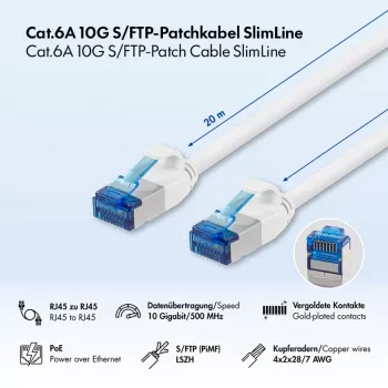 LogiLink Cat.6A Slim S/FTP LSZH Patch laidas, baltas, 20 m