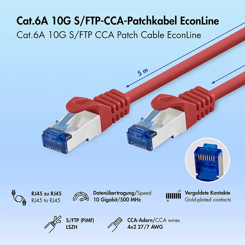 LogiLink Cat.6A S/FTP LSZH 5 m raudonas patch kabelis, EconLine