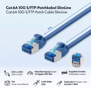 LogiLink SlimLine Cat.6A S/FTP LSZH Patch Laidas, mėlynas, 3 m
