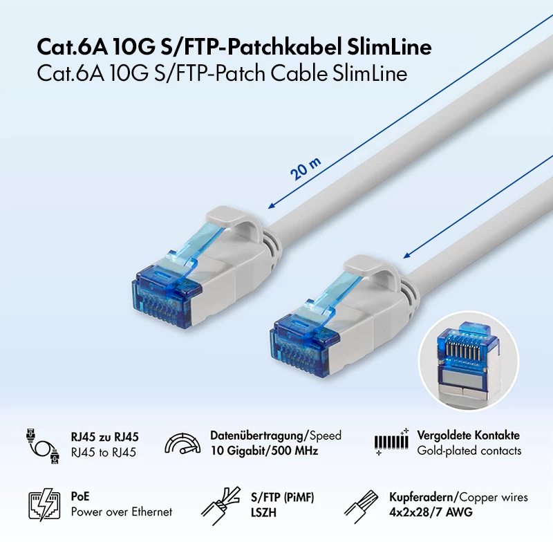 LogiLink Cat.6A S/FTP LSZH plonas eterneto laidų kabelis, pilkas, 20 m