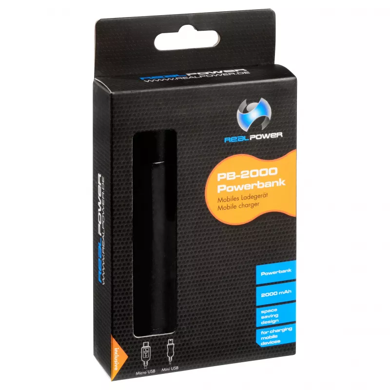 RealPower PB2000 mAh aliumininis power bank, juodas