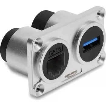 Delock dvigubas skydelio lizdas USB 5 Gbps Type-A moteriškas + RJ45 moteriškas Cat.6 sidabrinis