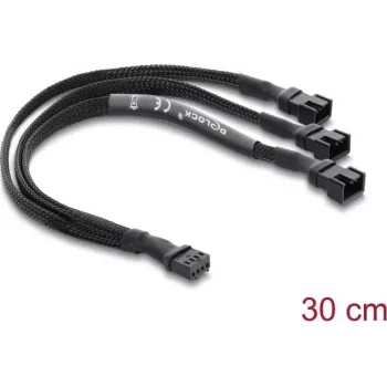 Delock ventiliatoriaus skirstytuvas 1 x 4-Pin PWM moteriška į 2 x 4-Pin PWM vyriška (3 kontaktai prijungti ant antrojo) pintas apvalkalas 30 cm juodas