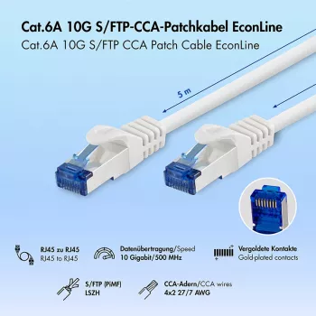 LogiLink Cat.6A S/FTP LSZH Patch Laidas, baltas, 5 m, EconLine