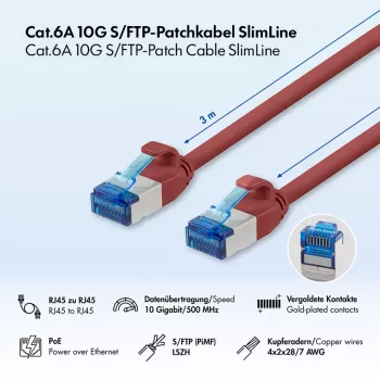 LogiLink SlimLine Cat.6A S/FTP LSZH tinklo kabelis, raudonas, 3m, 10Gbps