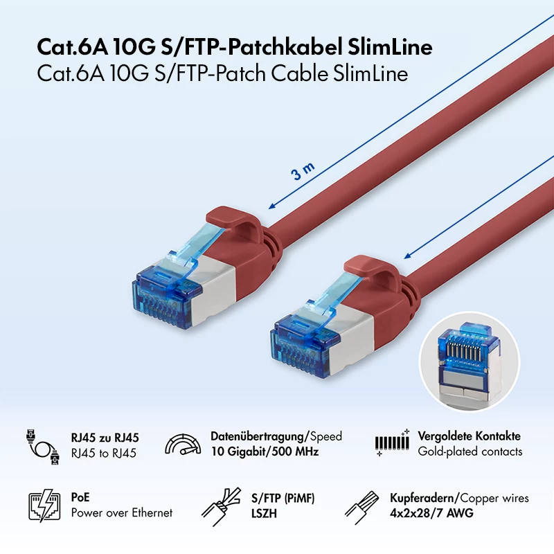 LogiLink SlimLine Cat.6A S/FTP LSZH tinklo kabelis, raudonas, 3m, 10Gbps