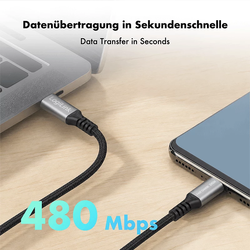 LogiLink USB 2.0 Type-C laidas, C/M į C/M, 480 Mbps, 240W, nailonas, metalas, juoda/sidabrinė, 1,5 m
