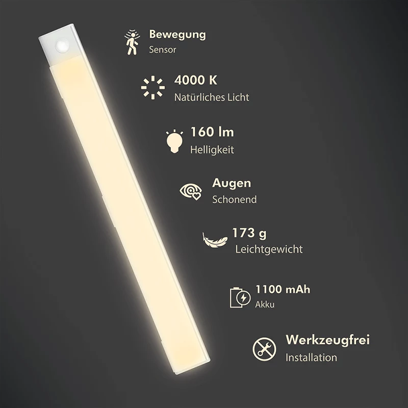 LogiLink LED šviestuvas po spintele su PIR jutikliu, itin plonas, 400mm, 160lm, šilta balta