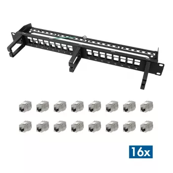 LOGILINK Modular 16 prievadų Cat.6A Keystone skydelis, 19/1U, su 3 kabelių žiedais, juodas