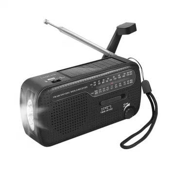 LogiLink Dynamo radijas su saulės baterija, AM/FM, USB-C įkrovimu, LED žibintuvėliu, SOS signalu ir power bank, juodas