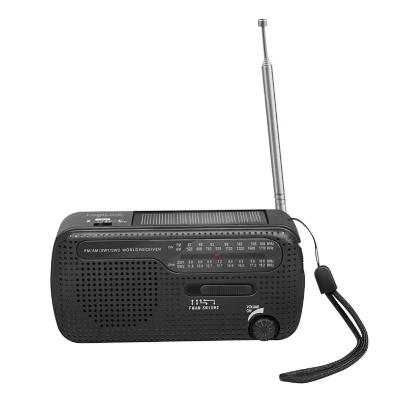 LogiLink Dynamo radijas su saulės baterija, AM/FM, USB-C įkrovimu, LED žibintuvėliu, SOS signalu ir power bank, juodas