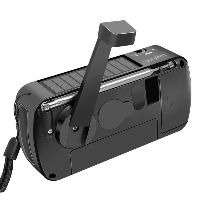 LogiLink Dynamo radijas su saulės baterija, AM/FM, USB-C įkrovimu, LED žibintuvėliu, SOS signalu ir power bank, juodas