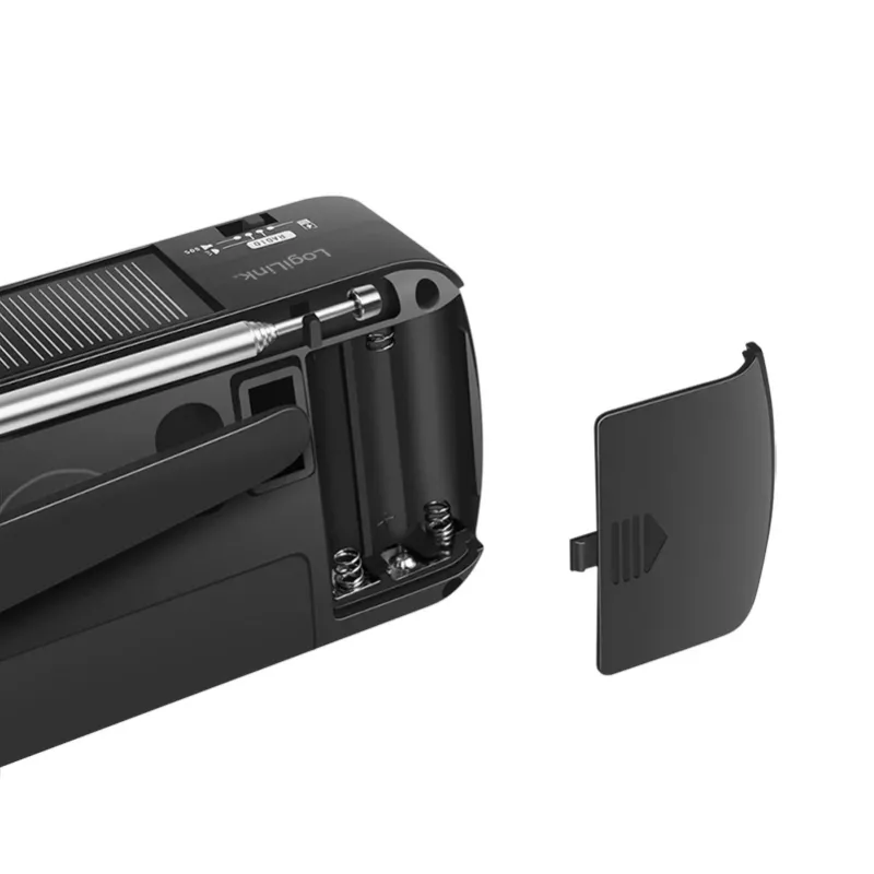 LogiLink Dynamo radijas su saulės baterija, AM/FM, USB-C įkrovimu, LED žibintuvėliu, SOS signalu ir power bank, juodas