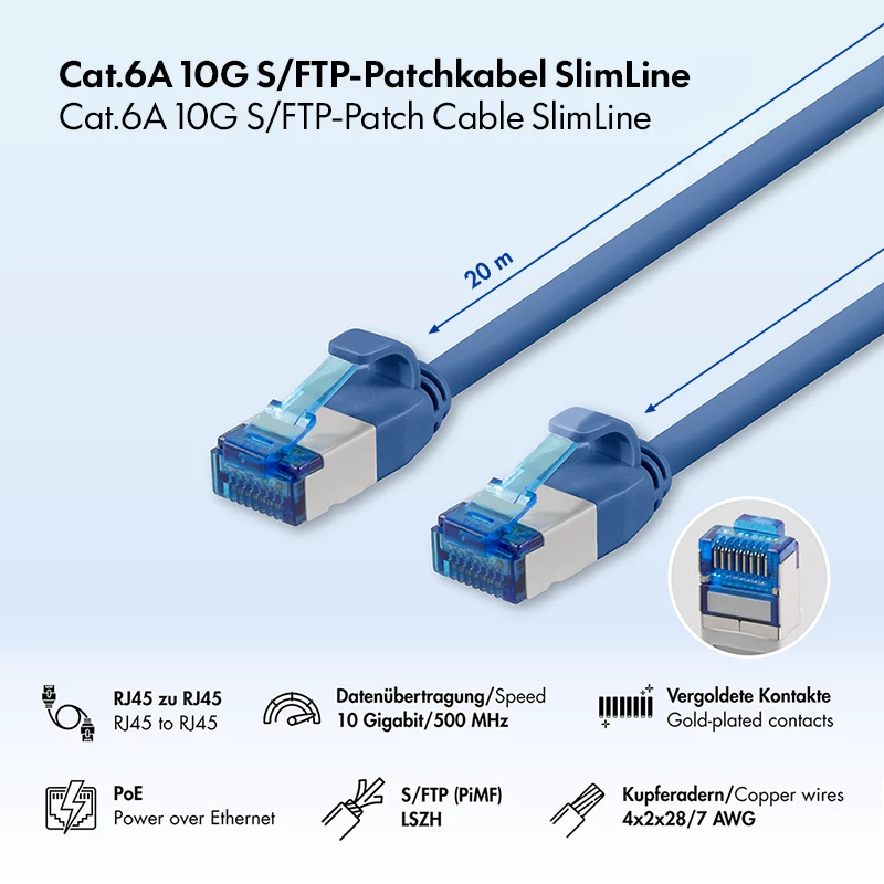 LogiLink Cat.6A S/FTP LSZH SlimLine Patch Laidas, 20 m, mėlynas