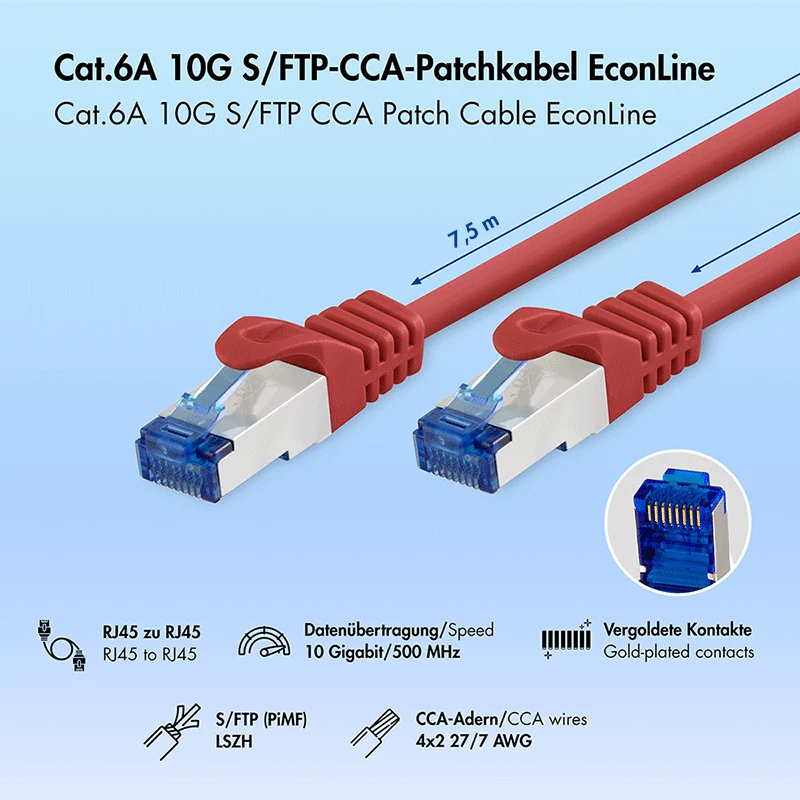 LogiLink Cat.6A S/FTP LSZH jungiamasis laidas, CCA, raudonas, 7,5 m, EconLine