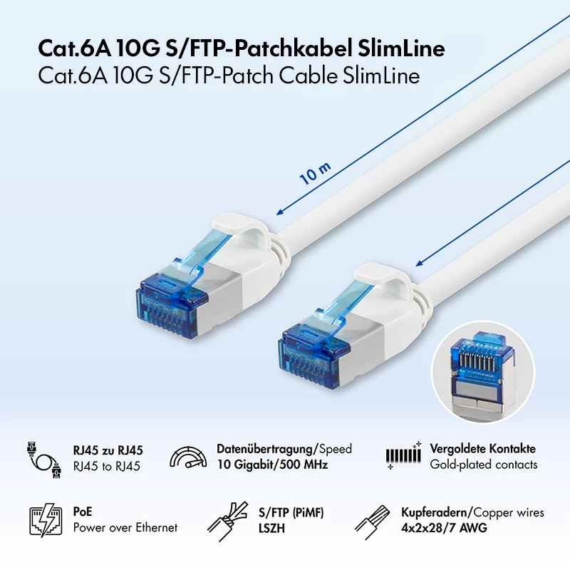 LogiLink Cat.6A Slim S/FTP LSZH Patch Laidas, baltas, 10 m, SlimLine