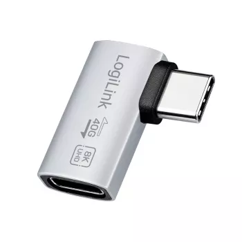 LogiLink USB4 Type-C 90° adapteris, C/M į C/F, 40 Gbps, 240W, 8K/60Hz, aliuminis, sidabrinis